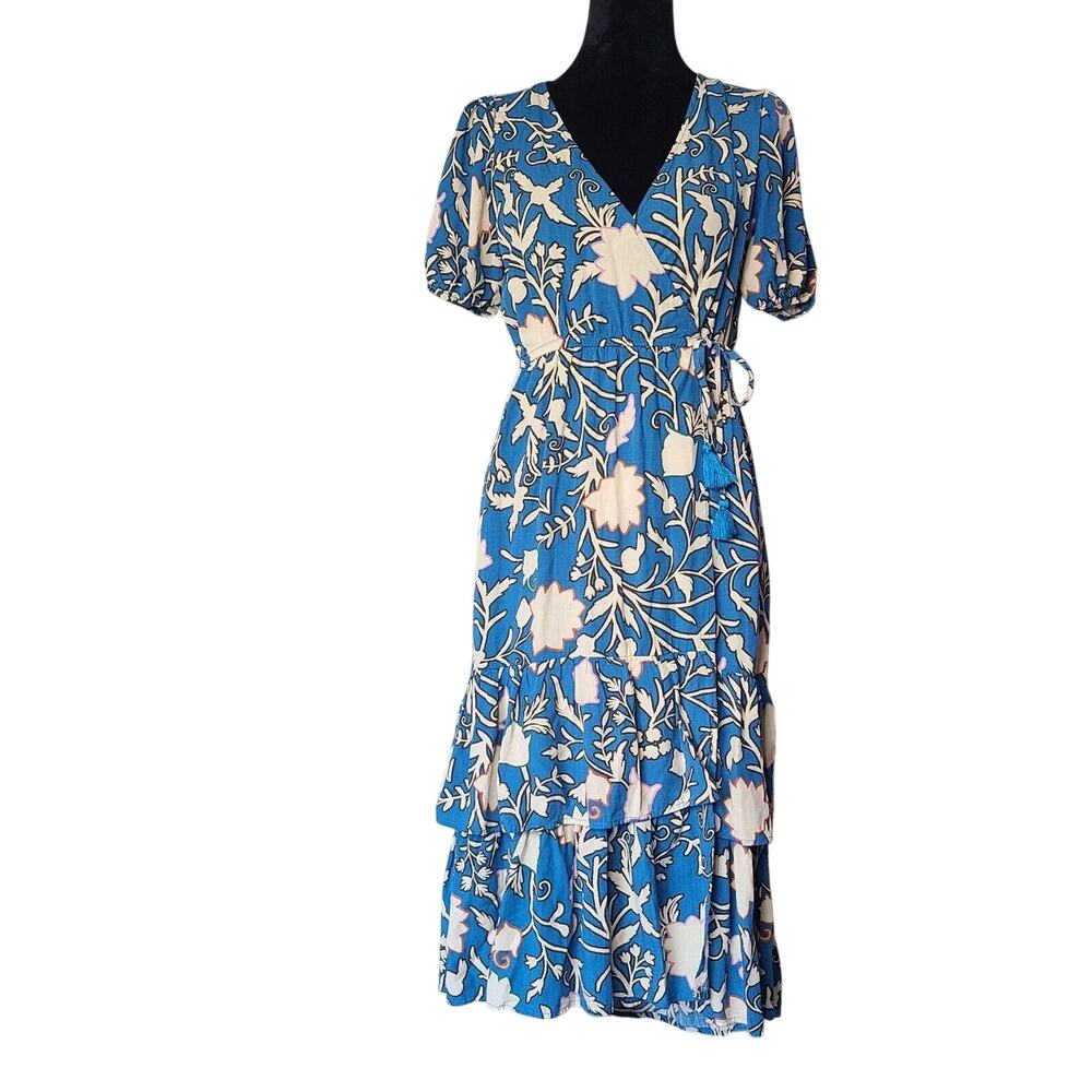 Knox Rose Short Puff Sleeve Midi Wrap Dress‎ Womens S Blue Floral Print Vacation